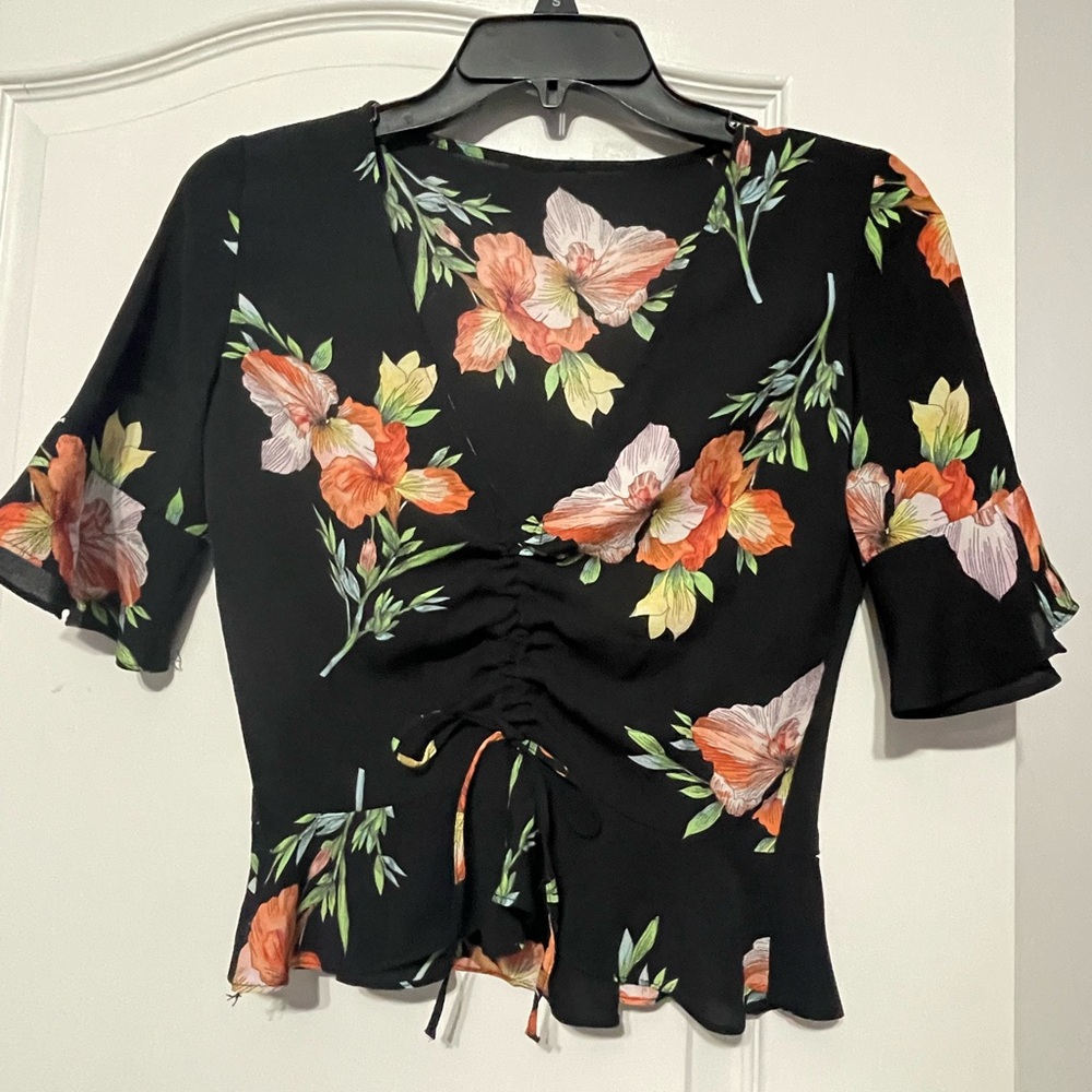 Topshop Black Ruched Tie Front Blouse